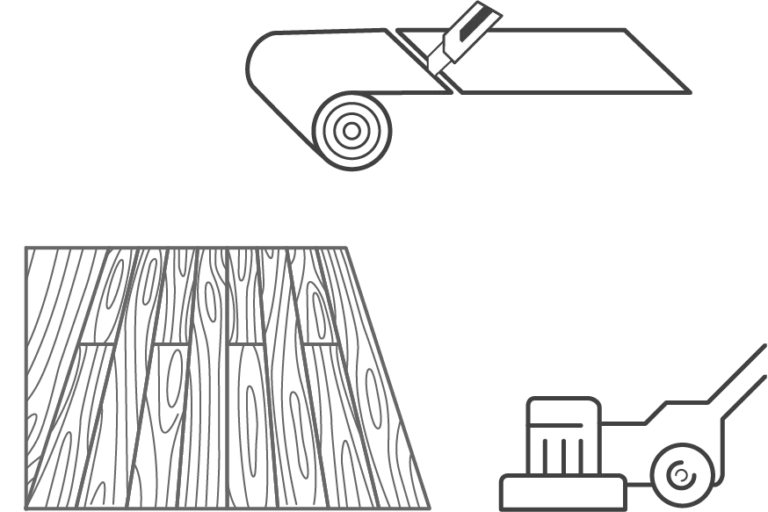 Illustration eines Parkettboden, Teppich der mit einem Japanmesser verschnitten wird und eine Bohnermaschine