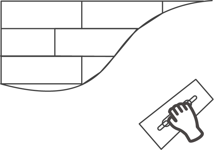 Illustration von einer Ziegelwand und eine Hand mit einem Fassadenspachtel, welche die Ziegelwand verputzt