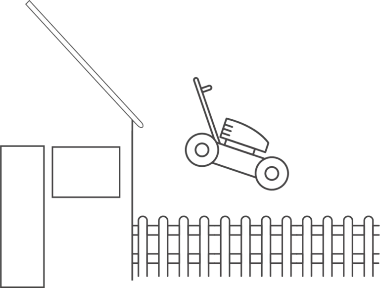 Illustration eines Rasenmäher mit einer hälfte eines Hauses und dessen Zauns