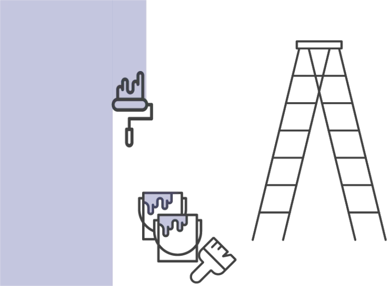 Illustration einer Leiter, zwei Farbkessel mit blauer Farbe, ein Malerpinsel und eine Farbrolle mit welcher die Wand blau gestrichen wird